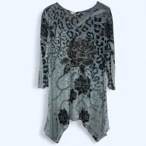 Y2K Cactus Rose Tunic Top Women's Size M Rhinestone Rose Burnout Print Goth Boho